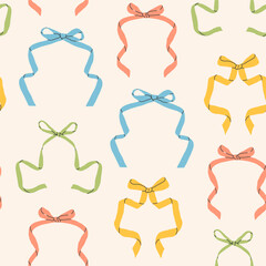 Set of various Bow knots, tie ups, gift bows. Hand drawn Vector illustration. Wedding celebration, holiday, party decoration, gift, frame, border, present concept. Square seamless Pattern, background
