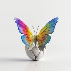 6. Depict a 3D representation of a rainbow-colored butterfly emerging from a cocoon, symbolizing transformation and freedom, against a white background.