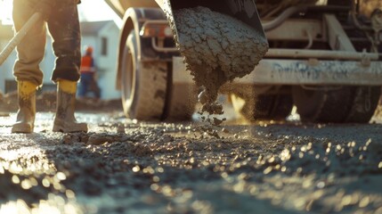 A cement truck pouring its contents onto a concrete base while workers level and smooth it out for the foundation of a highrise.
