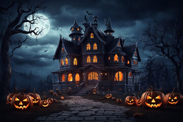 Halloween background with haunted house and pumpkins  in the background lit up by full moon. 3d rendering