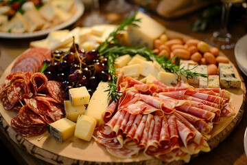 A delicious assortment of cheese, fruit, nuts and various meats served on a round wooden tray