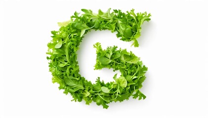 Character G made of salad, sharp outline, photography, isolated white background .	