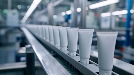 Factory producing skin cream in tubes on the conveyor belt