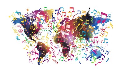 Obraz premium Global Symphony: A World Map Composed of Colorful Music Notes and Artistic Flair - Generative AI