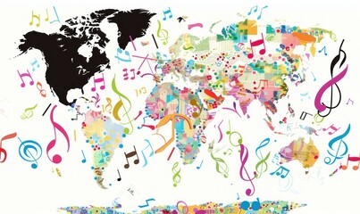 Obraz premium Global Symphony: A World Map Composed of Colorful Music Notes and Artistic Flair - Generative AI