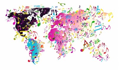 Fototapeta premium Global Symphony: A World Map Composed of Colorful Music Notes and Artistic Flair - Generative AI