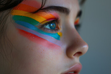Fototapeta premium The face of a young woman is painted with bright rainbow colors. LGBT celebration concept.