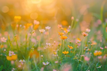 Fototapeta premium Sunset Over a Meadow of Vibrant Yellow Wildflowers with Golden Sunlight and Green Grass - Generative AI