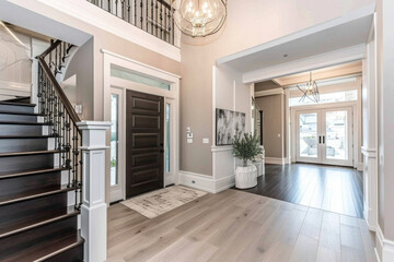 A large foyer featuring a prominent staircase leading to the second floor of a building