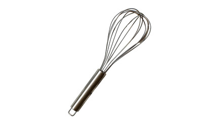 Stainless steel wire whisk placed on a plain white background