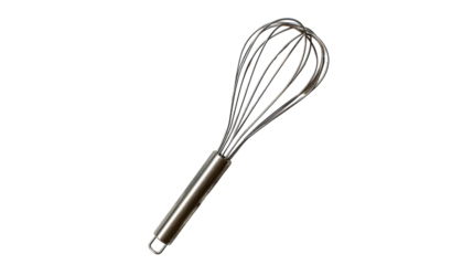 Stainless steel wire whisk placed on a plain white background