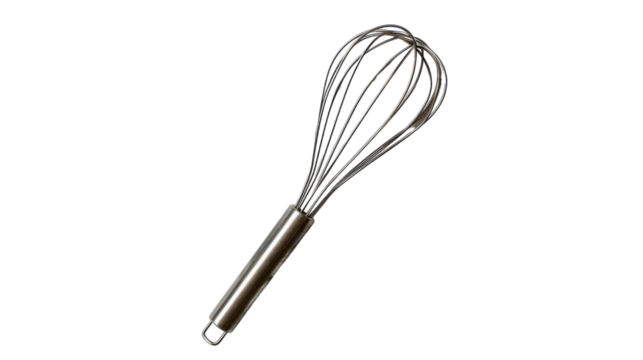 Stainless steel wire whisk placed on a plain white background
