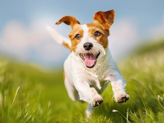 Happy Jack Russell Terrier Running in a Sunny Field with Ears Flapping and a Big Smile - Generative AI