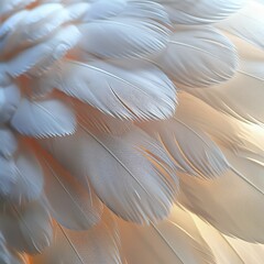 Close-up of feathers, macro shot with soft lighting, showcasing intricate patterns, graceful.