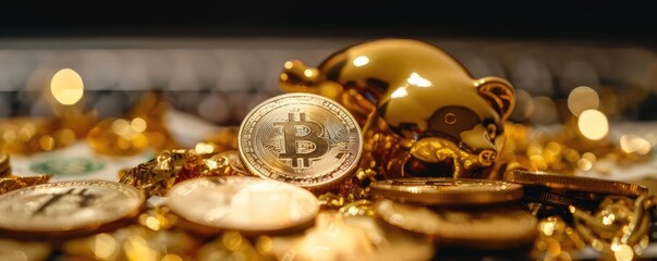 Close-up of shining Bitcoin coins next to a golden piggy bank, symbolizing wealth, investment, and modern digital currency.
