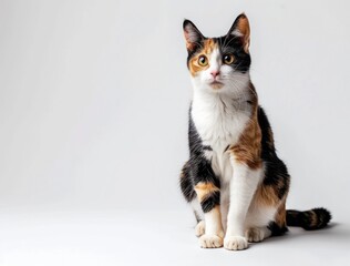 Adorable Tricolor Calico Cat Sitting and Looking Curiously Isolated on White Background - Generative AI