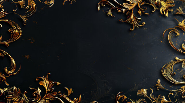 Elegant gold filigree on a black background with intricate details. Background with a copy space