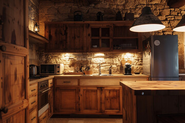 Cozy rustic kitchen with wooden cabinets, stone countertops, and warm lighting, featuring modern appliances and exposed stone walls