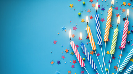 Flat lay of lit colorful birthday candles with confetti and decorations on a blue background