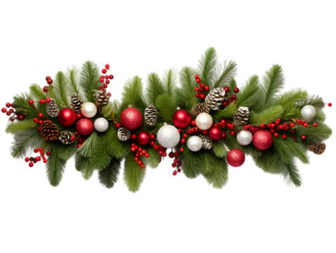 Christmas composition made of fir tree, balls and different decorations, branches with red baubles, isolated on transparent background.