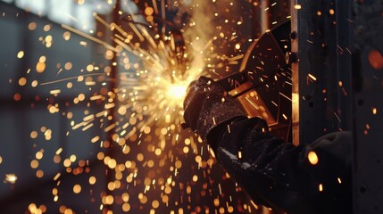Sparks fly as a worker welds a metal sign onto a building adding a final personalized touch to the construction project.