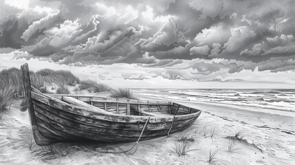 Abandoned beach with old wooden boat, cloudy sky, melancholic mood, monochrome, pencil sketch