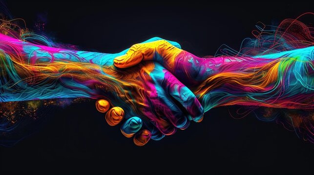 Vibrant, colorful handshake symbolizing partnership and collaboration against a dark background. Unity, agreement, and creativity captured vividly.