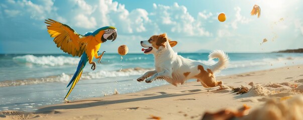 Adorable dog and parrot playing fetch on the beach, lively and joyful, bright sunlight, digital painting