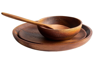 A wooden bowl and spoon placed on a plate, ready for serving or eating