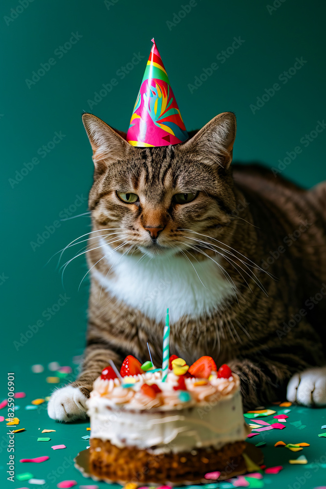 Sticker Cat wearing birthday hat sits in front of cake with candles on it.