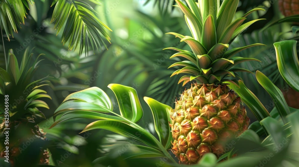 Wall mural Ripe pineapple fruit with fresh leaves - Wall murals