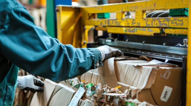 Closeup of a worker operating a baler machine compacting cardboard boxes for more efficient recycling.