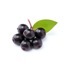 A cluster of dark berries with a vibrant green leaf on a white background, perfect for food and botanical themes in stock photography.