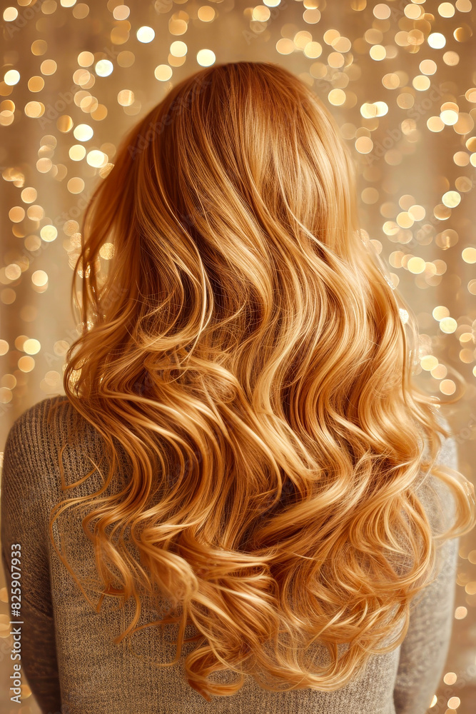 Poster Woman with long blonde hair that is wavy and has gold background.