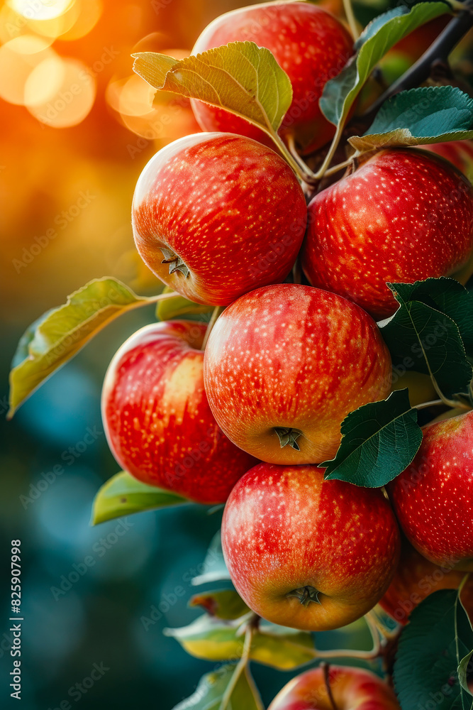 Sticker group of red apples growing on tree in orchard setting.