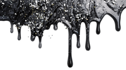Black and silver dripping glitter liquid on an isolated background