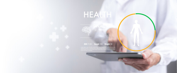 Medical doctor and medical technology and futuristic concept, Doctor using laptop and health medical network connection icon on virtual screen interface, Modern medical technology and innovation.