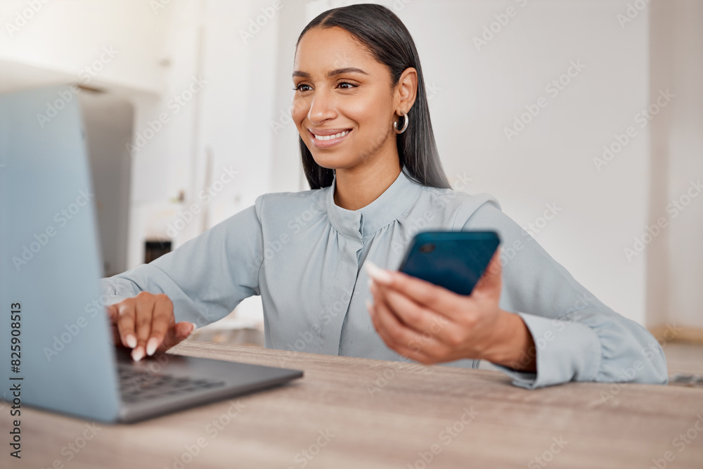 Aufkleber laptop, woman and phone for remote work by desk with internet research, typing email and planning ap