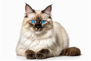 White cat with blue eyes sits on white background.