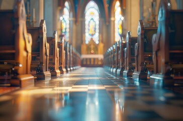Blurred background of an empty church hall with people in pews, soft focus stained glass windows, and a bokeh effect creating a dreamy and out of focus look, ideal for bokeh style documentation.