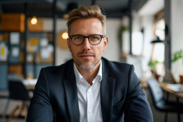 Fototapeta premium A man wearing a suit and glasses is seated at a table