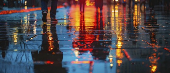 wet pavement reflection, night city scene with reflections on the street