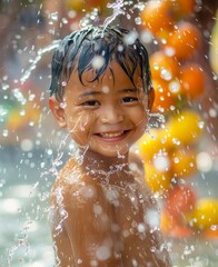Obraz premium A joyful child plays in the water, captured in a moment of happiness with splashes all around in a vibrant and colorful background.