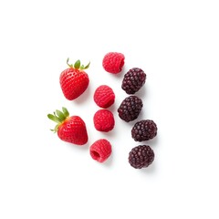 Fresh strawberries, raspberries, and blackberries isolated on white background. A healthy assortment of delicious berries for a vibrant, nutritious snack.