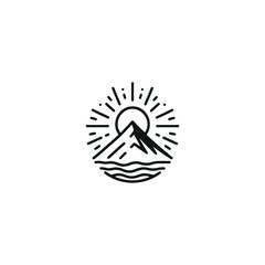 mountain logo landscape with rocks at sunrise, Sea and Sun for Hipster Adventure Traveling logo