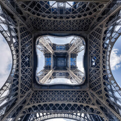 A captivating view of the Eiffel Tower, looking up from its base. The image showcases the tower's intricate latticework illuminated against the blue sky.