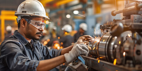 Indian male factory worker in safety glasses and a white hard hat is operating an industrial machine