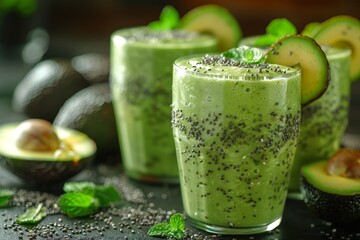 Avocado Smoothie - Pale green, garnished with avocado slices and a drizzle of honey.
