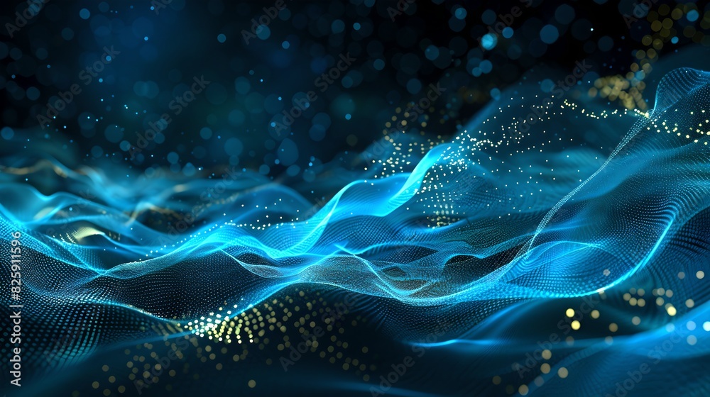 Wall mural abstract wave of blue lights with sparkling particles. technological background. digital artwork. ai