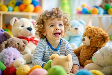 Sweet happy child boy having fun playing with his teddy bear and many colorful toys, indoor at home